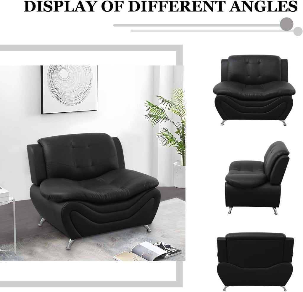 Contemporary Living Room Furniture Set, Vegan Leather Sofa Set for Living Room/House/Bedroom/Office/Apartment (Black, Sofa;Love;Chair)