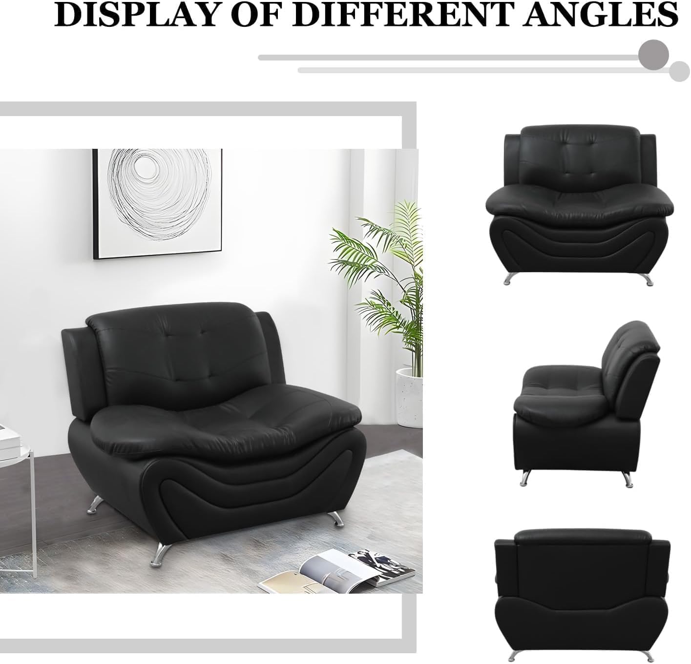 Contemporary Living Room Furniture Set, Vegan Leather Sofa Set for Living Room/House/Bedroom/Office/Apartment (Black, Sofa;Love;Chair)