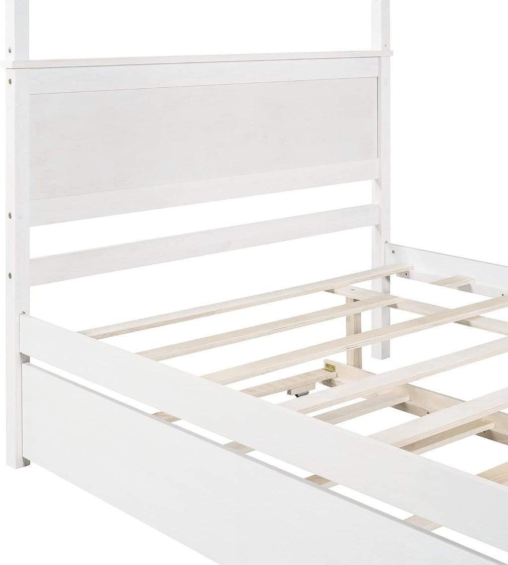 CITYLIGHT Full Size Canopy Bed Frame with Trundle Bed,Wooden Canopy Trundle Bed with Support Slats,Four Post Bed with Headboard for Kids Girls Boys,Brushed White