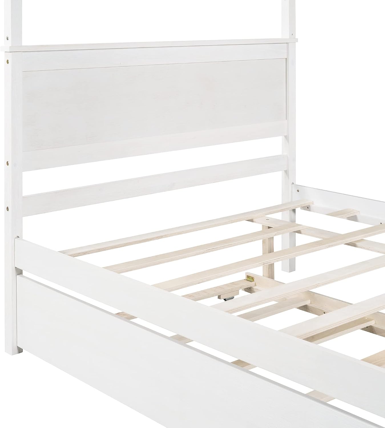 CITYLIGHT Full Size Canopy Bed Frame with Trundle Bed,Wooden Canopy Trundle Bed with Support Slats,Four Post Bed with Headboard for Kids Girls Boys,Brushed White