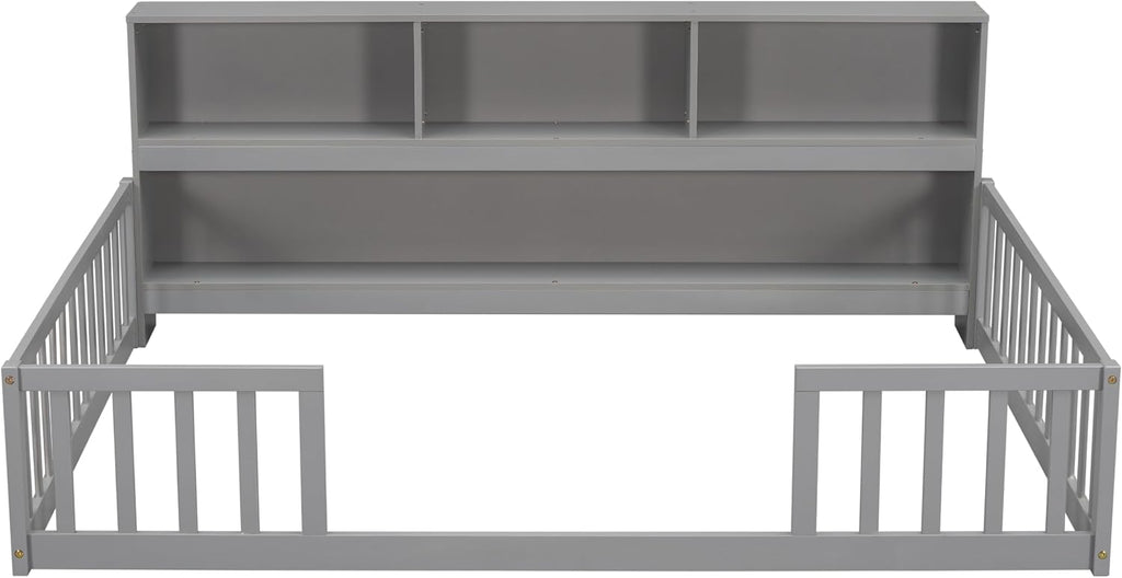 Bellemave Kids Montessori Floor Bed,Full Size Floor Bed with Bookcase and Shelves,Full Bed Frame with Guardrails for Kids,Girls,Boys,Full,Gray