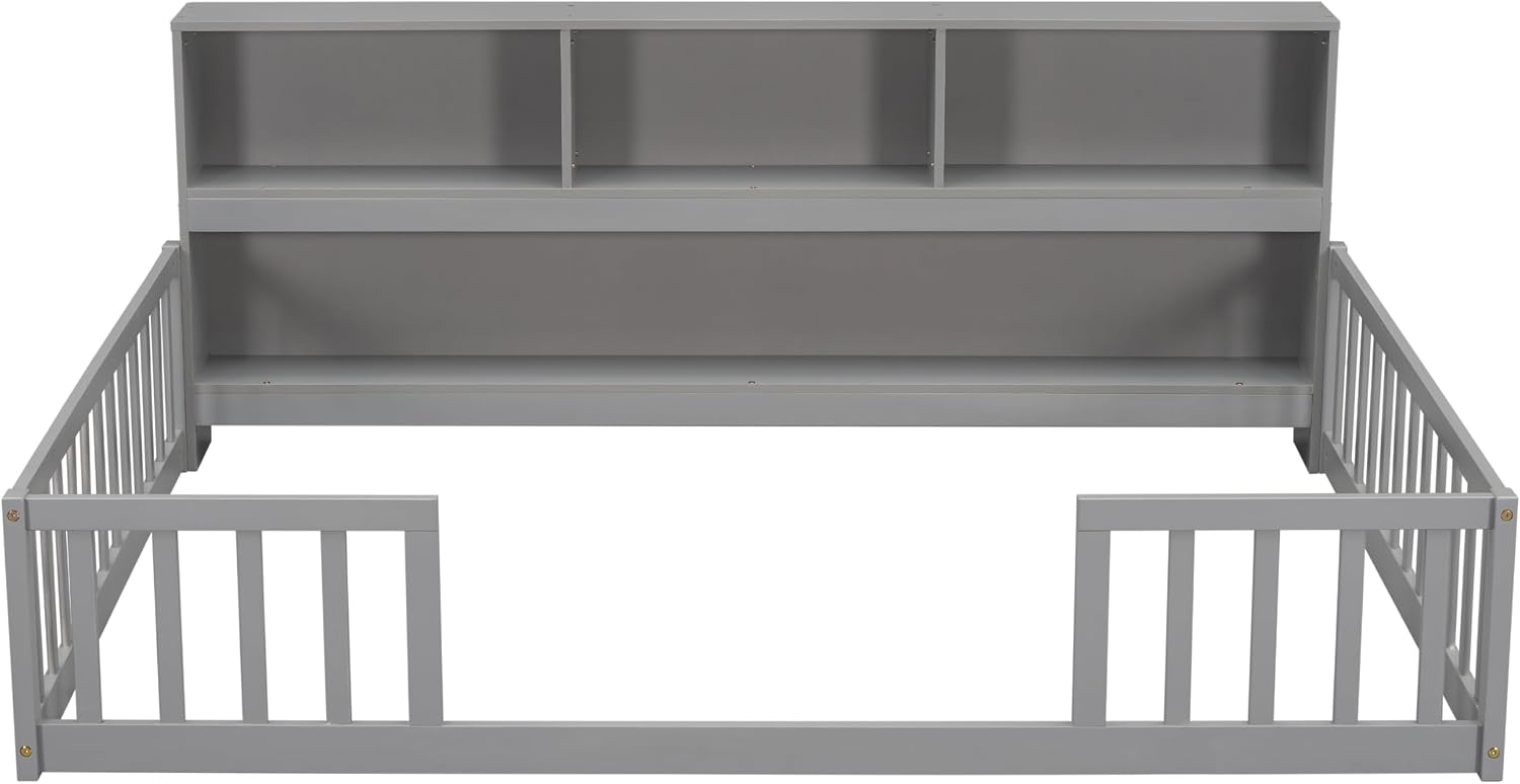 Bellemave Kids Montessori Floor Bed,Full Size Floor Bed with Bookcase and Shelves,Full Bed Frame with Guardrails for Kids,Girls,Boys,Full,Gray