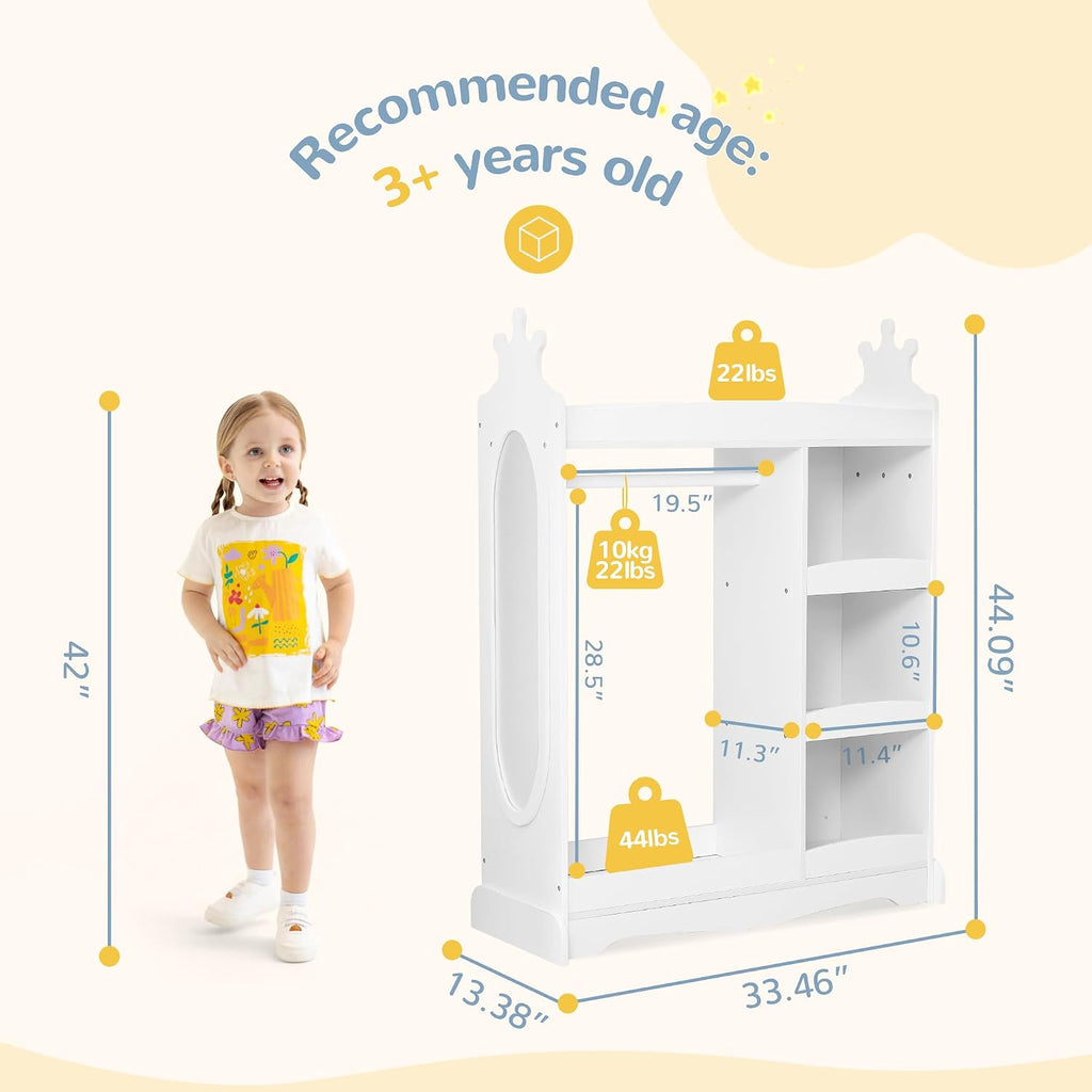 Curipeer Kids Dress up Storage with Mirror, Kids Wardrobe with 3 Hooks, Kids Closet for Girls Boys, Open Hanging Armoire Costume Organizer for Bedroom, Preschool, Classroom, White