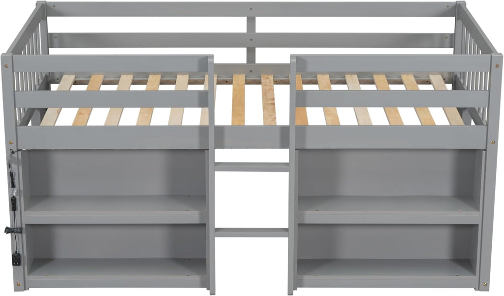 Twin Size Low Loft Bed with Two-Tier Shelves, Multifunction Wood Loft Bed Frame with Built-in Stairs, Storage Underneath, Sturdy Slats Support, Space Saving Loft Bed for Kids Boys Girls (Gray * 01)