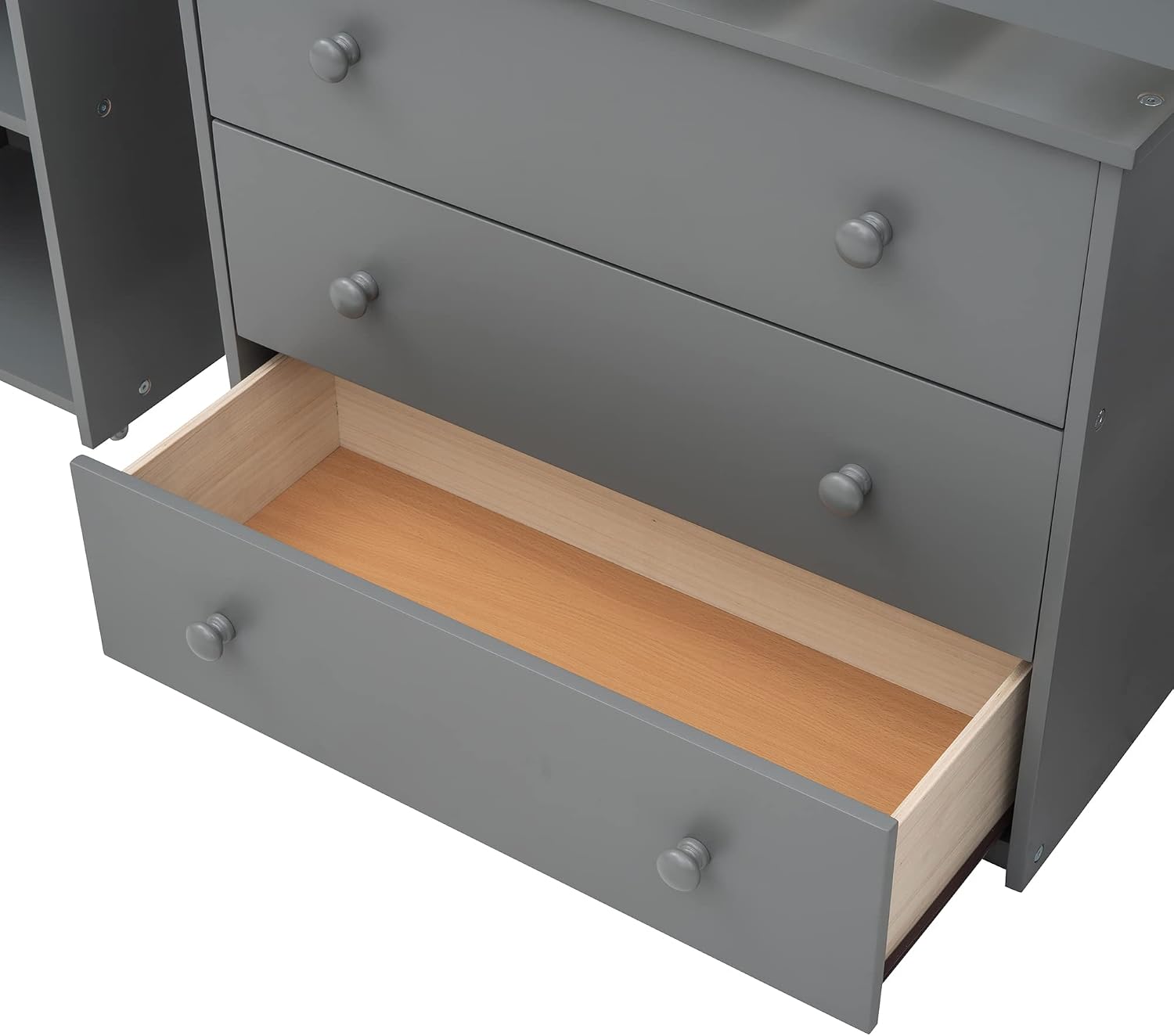 JIVOIT Twin Size Low Loft Bed with Rolling Portable Desk, Wooden Loft Bed with Cabinet/Bookshelf/Drawers/Open Shelves for Kids Teens Adults, No Box Spring Required (Gray-Twin-Rolling Portable Desk)
