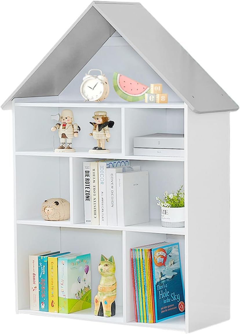 Wooden Dollhouse Bookshelf 4-Tier Children's Bookcase Display Storage Doll House Organizer Furniture for Kids Bedroom Playroom Nursery Kindergarten Gift for Girls Boys Ages 3-8 Years Old