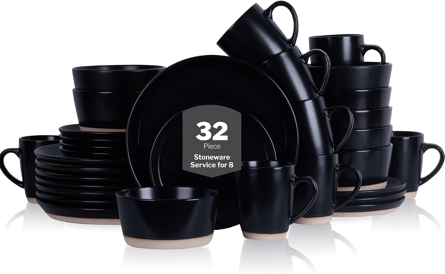 Stone Lain Jules Stoneware 32-Piece Modern Dinnerware Set, Plates and Bowls, Service for 8, Black, Microwave & Dishwasher Safe
