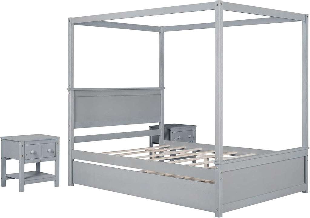 Full Size Wood Canopy Bed with Trundle Bed and Two Nightstand, Modern Bedroom Set for Kids Girls Boys Teens,Can Be Freely Decorated (Gray+Bedroom Set)