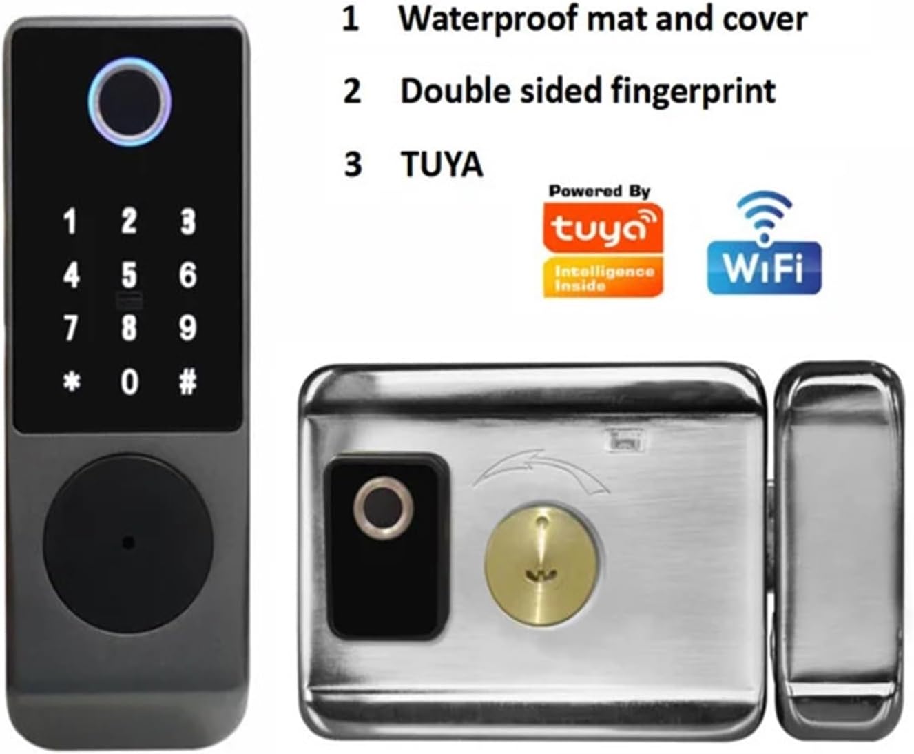 Tuya WiFi Smart Lock，Waterproof IP65 Double Side Fingerprint Code IC Card Electronic Outdoor Gate Lock，8 Languages Speaker(E)