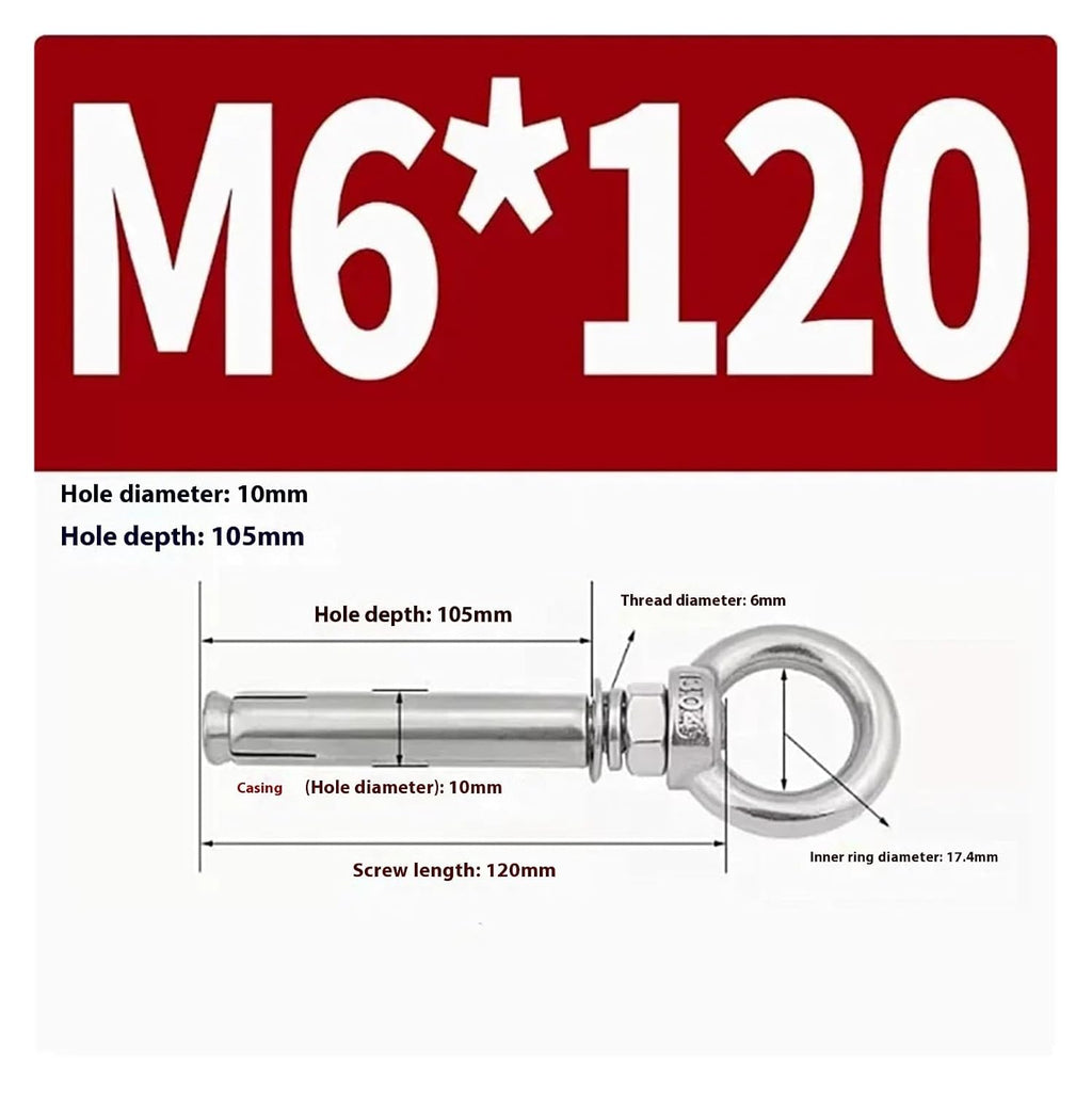 Anchor Bolts,Expansion Bolt, 5Pcs Stainless Steel Universal Ring Expansion Screw Sleeve Anchor Concrete Eye Bolt Installation Artifact Long Hook(M6*120MM)