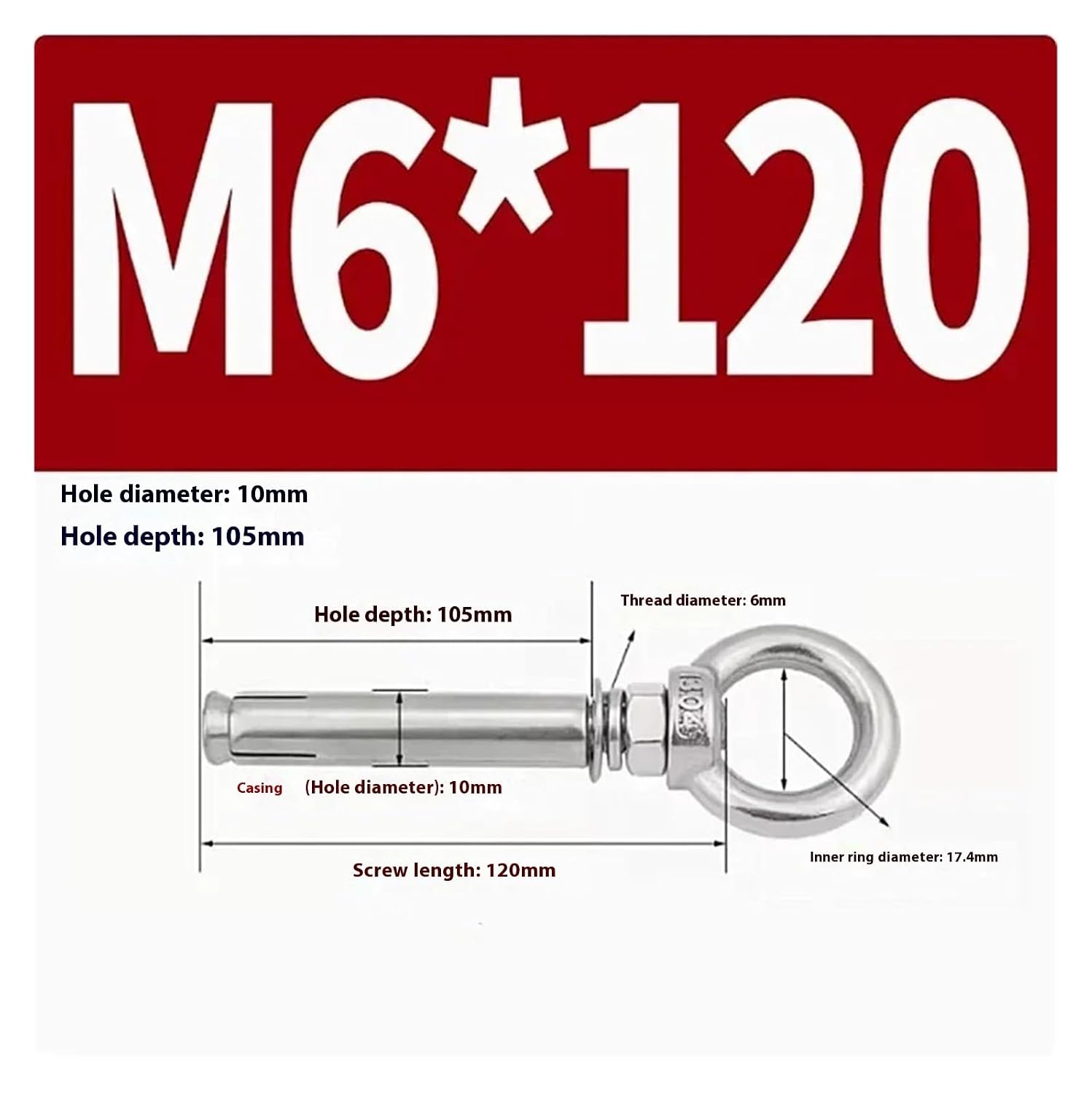 Anchor Bolts,Expansion Bolt, 5Pcs Stainless Steel Universal Ring Expansion Screw Sleeve Anchor Concrete Eye Bolt Installation Artifact Long Hook(M6*120MM)