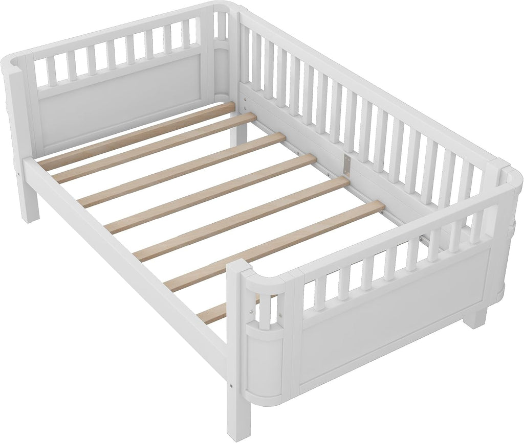 Harper & Bright Designs Twin Size Low Platform Bed Frame, Daybed with Fence and Drawers, Low Profile Bed for Bed Room, White