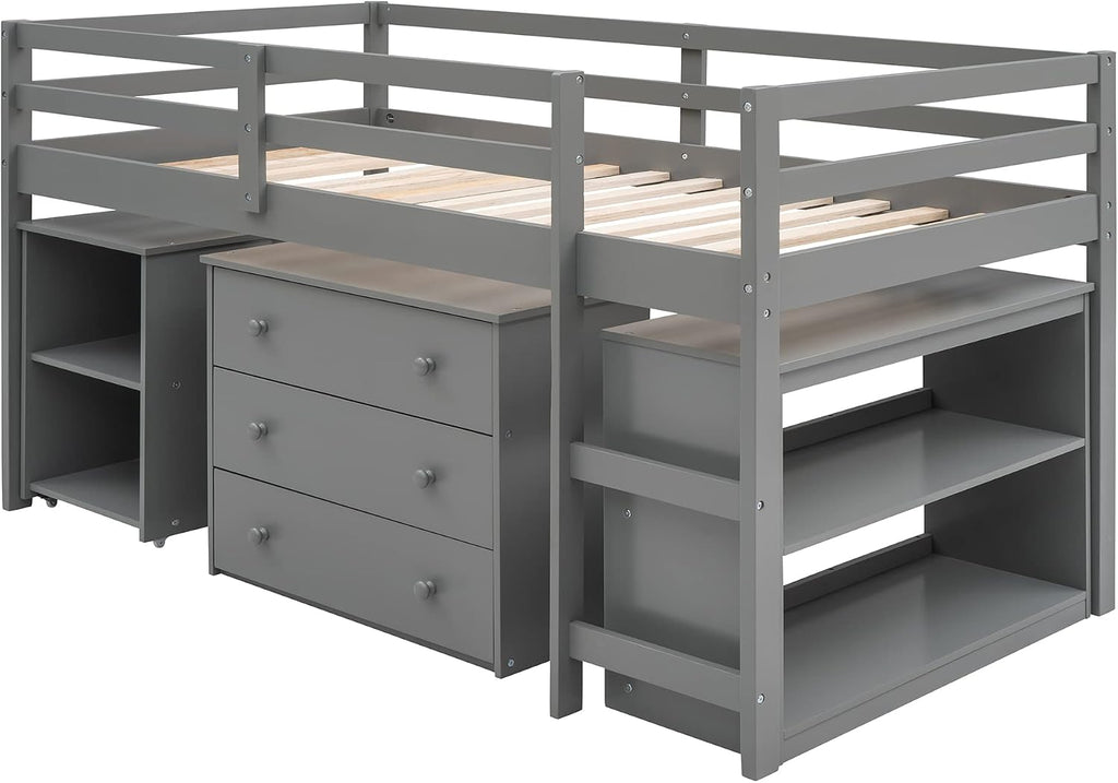 JIVOIT Twin Size Low Loft Bed with Rolling Portable Desk, Wooden Loft Bed with Cabinet/Bookshelf/Drawers/Open Shelves for Kids Teens Adults, No Box Spring Required (Gray-Twin-Rolling Portable Desk)