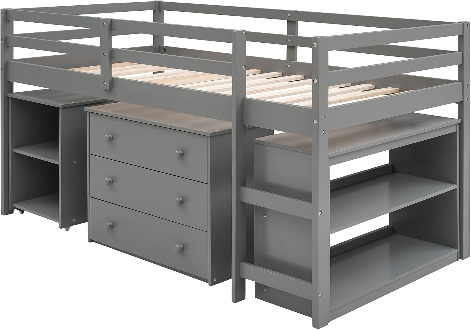 JIVOIT Twin Size Low Loft Bed with Rolling Portable Desk, Wooden Loft Bed with Cabinet/Bookshelf/Drawers/Open Shelves for Kids Teens Adults, No Box Spring Required (Gray-Twin-Rolling Portable Desk)