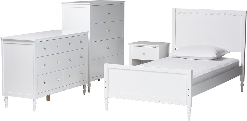 Baxton Studio Roni White Wood 4-Piece Full Bedroom Set with Scalloped Edges