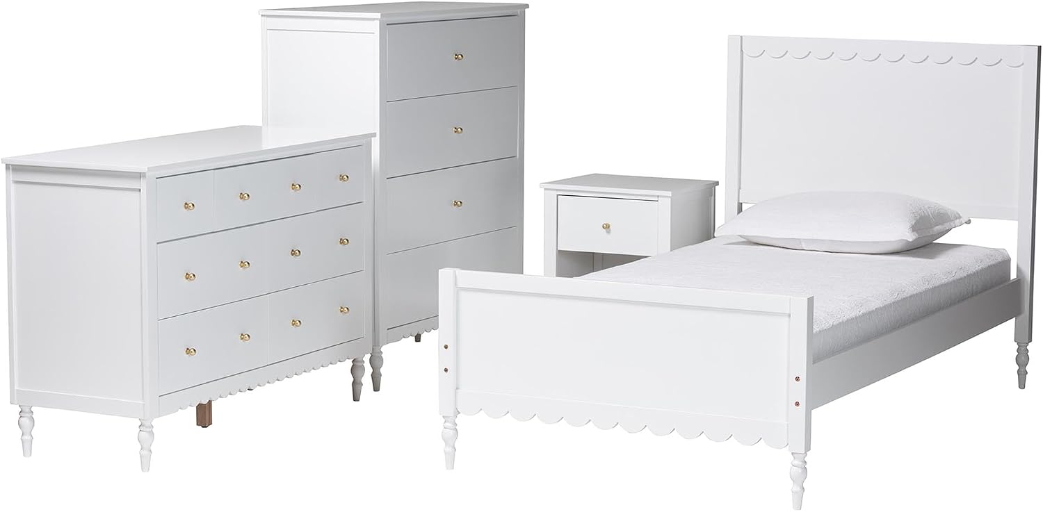 Baxton Studio Roni White Wood 4-Piece Full Bedroom Set with Scalloped Edges