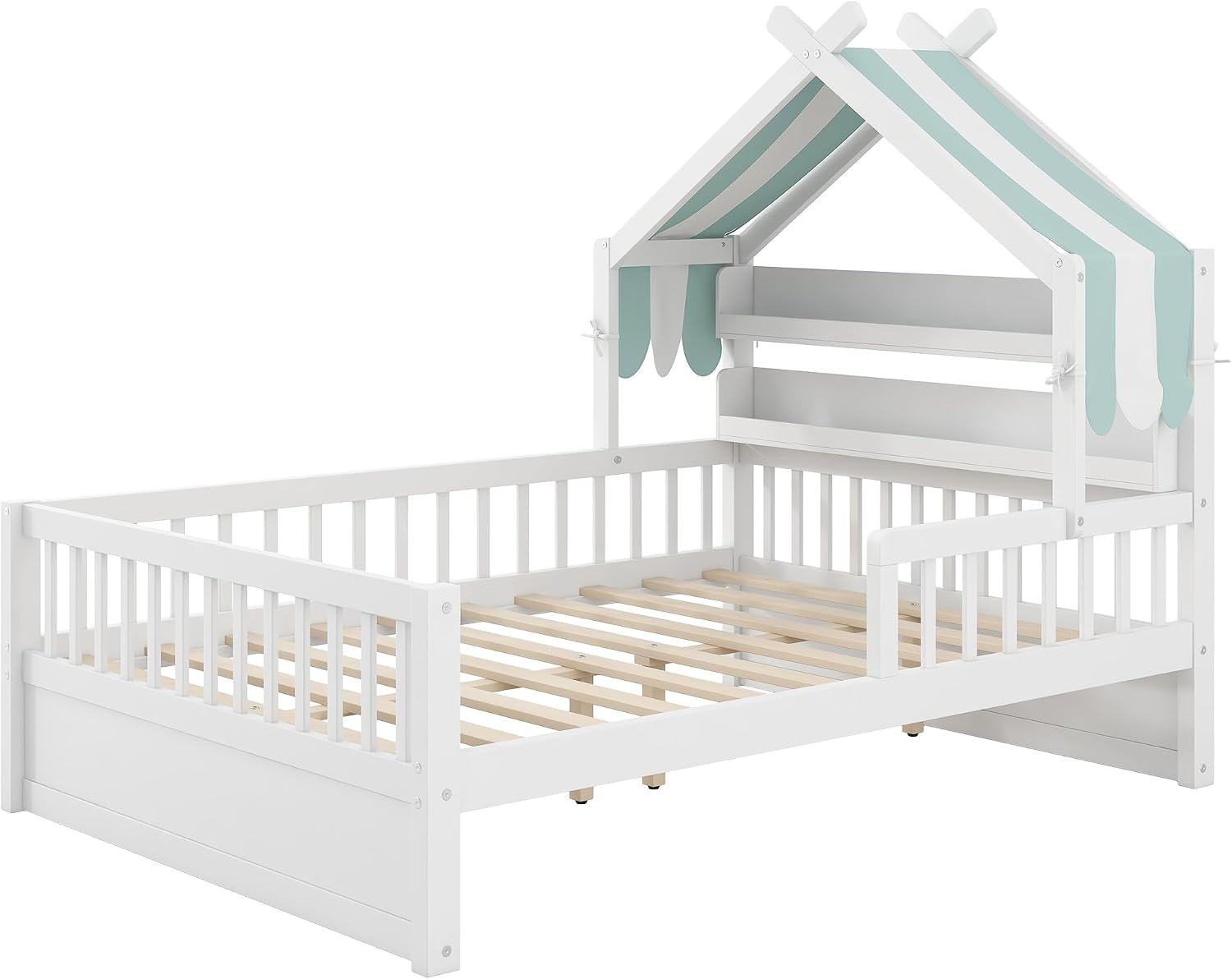 Merax Twin Size House Bed with Storage Headboard Shelf & Removable Canopy, Wooden Platform Bed Frame with Guardrail for Boys Girls Teens Bedroom Use, No Box Spring Needed, White