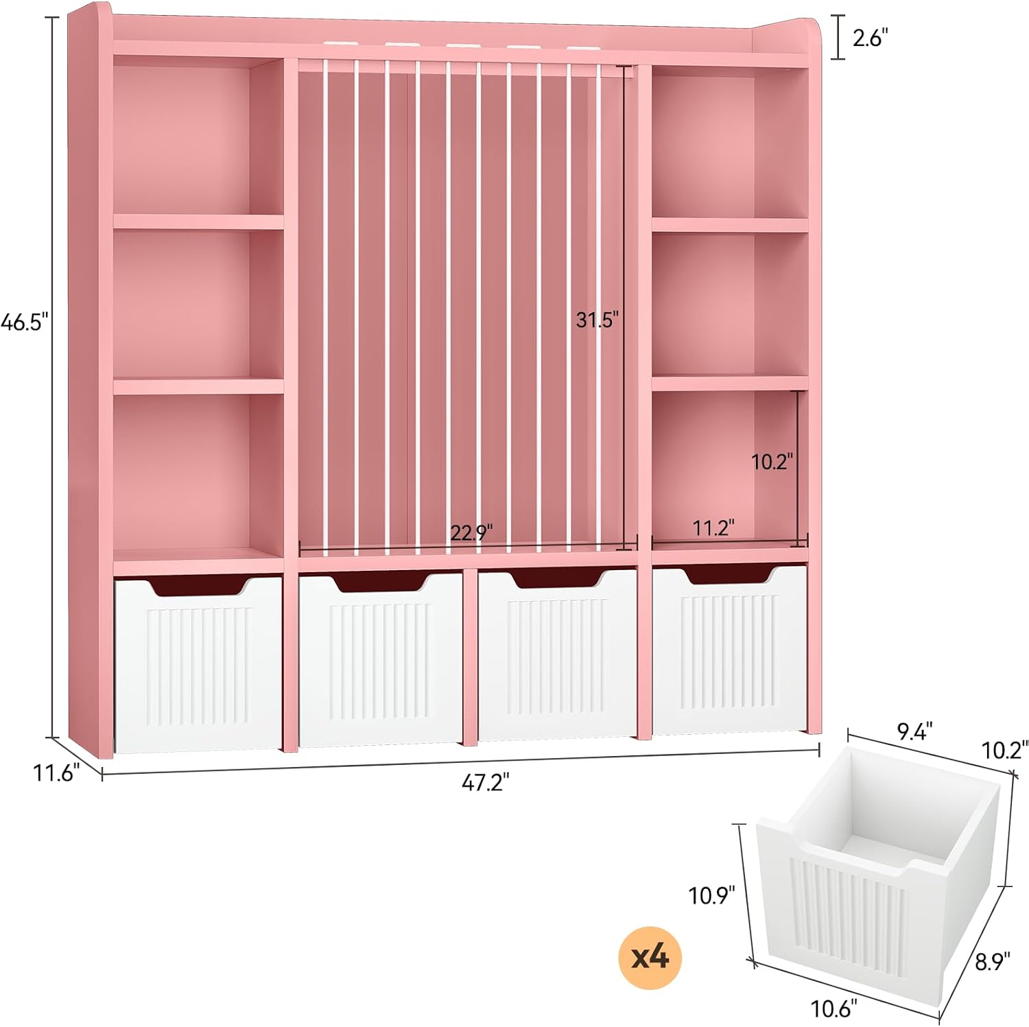 ONBRILL Toy Storage Organizer, Toddler Stuffed Animal Storage, Kids Toy Shelf with 6 Open Cubbies & 4 Movable Toy Chest, Bookshelf for Kids Room Playroom Bedroom Nursery (Pink)