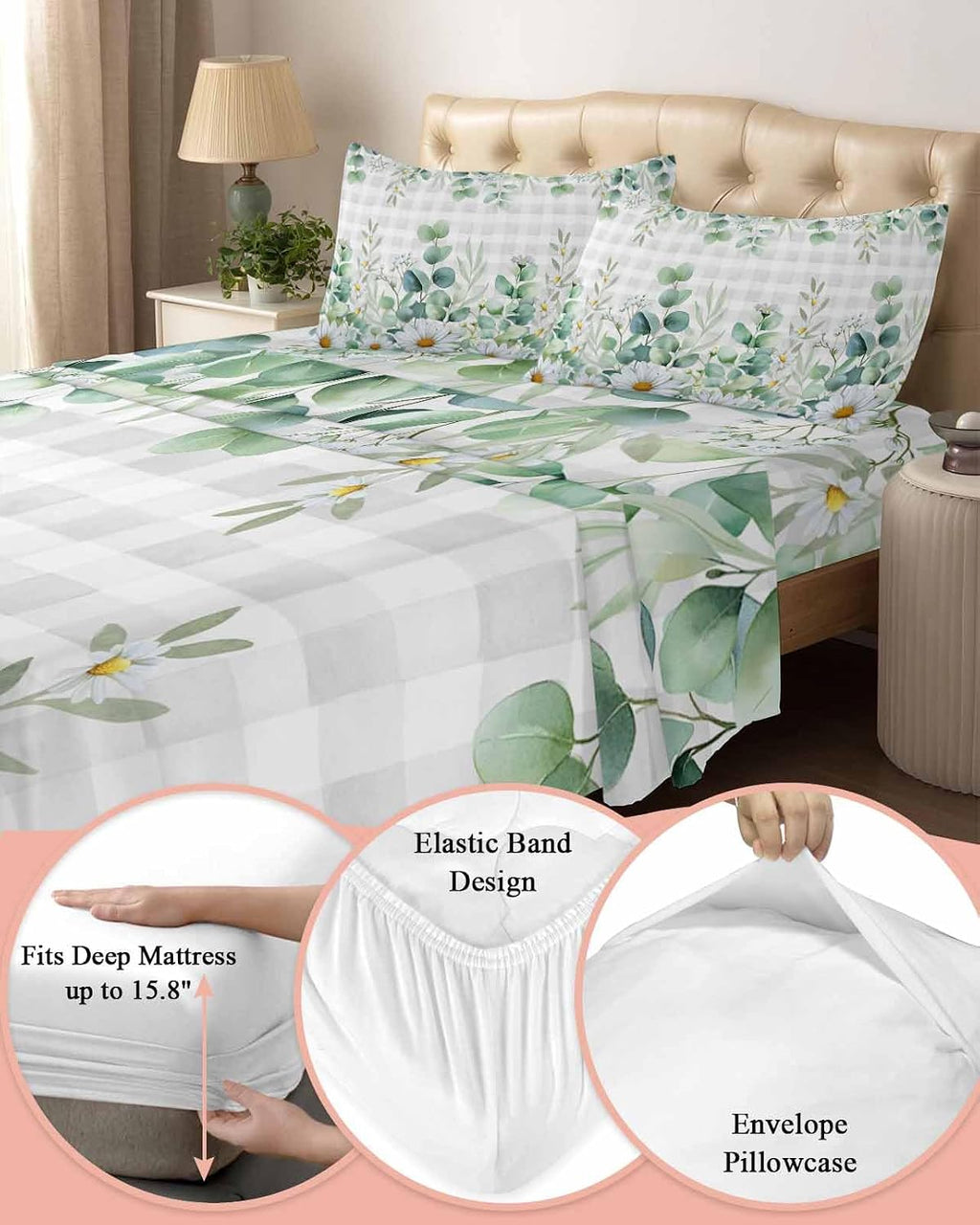 Green Eucalyptus Leaves Cal King Sheet Set 4 Piece Bedding - Daisy Summer Botanical Watercolor Plaid Breathable Comfy Cooling Bed Sheets & Pillowcase Sets, Hotel Flat Sheets Deep Pockets Fitted Sheet