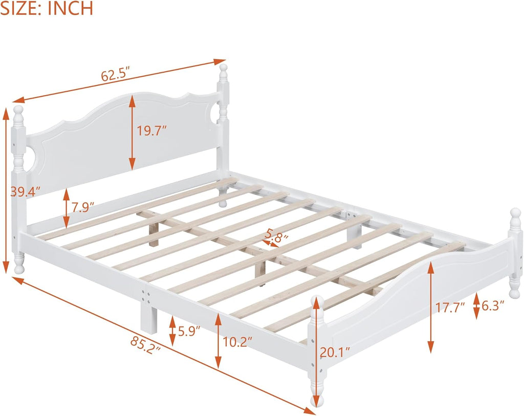 JIVOIT Retro Style Platform Bed with Headboard and Footboard, Queen Size Wood Platform Bed Frame with Wooden Slat Support, Solid Wood Foundation, No Box Spring Required (White,Queen,5)