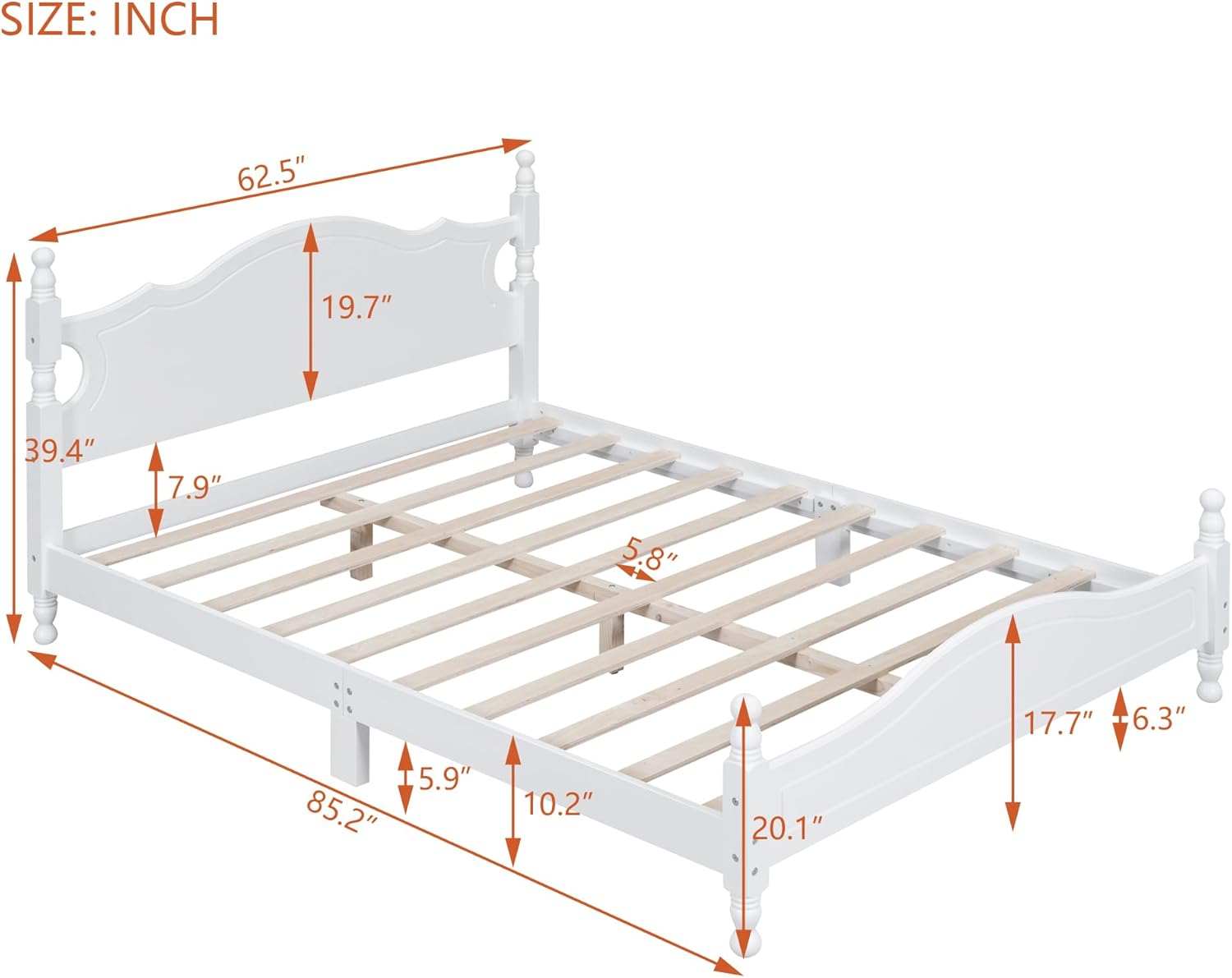 JIVOIT Retro Style Platform Bed with Headboard and Footboard, Queen Size Wood Platform Bed Frame with Wooden Slat Support, Solid Wood Foundation, No Box Spring Required (White,Queen,5)