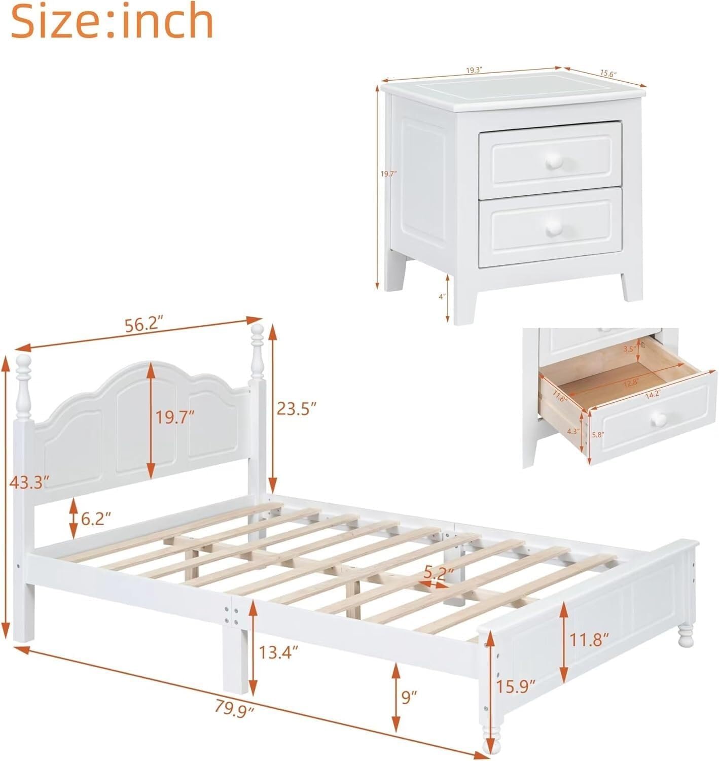 A Three-piece Furniture Set, A Sturdy Wooden Bed with A Bedside Table, Suitable for A Family Setting(White(Full))