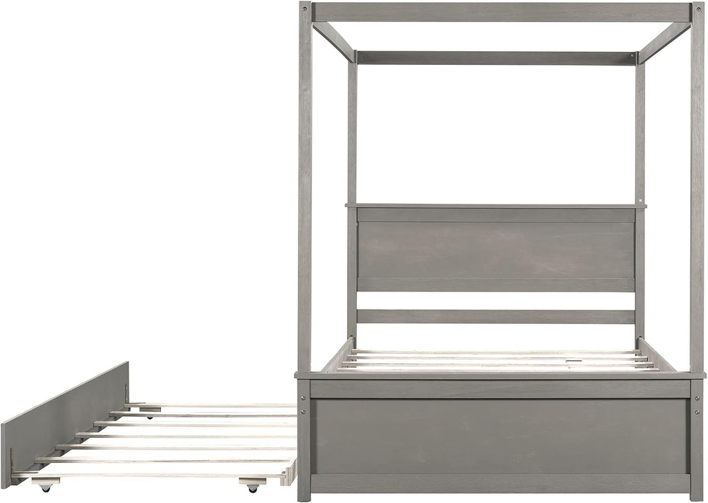 Full Size Wood Canopy Bed with Trundle Bed and Two Nightstand, Modern Bedroom Set for Kids Girls Boys Teens,Can Be Freely Decorated (Light Brown+Bedroom Set)
