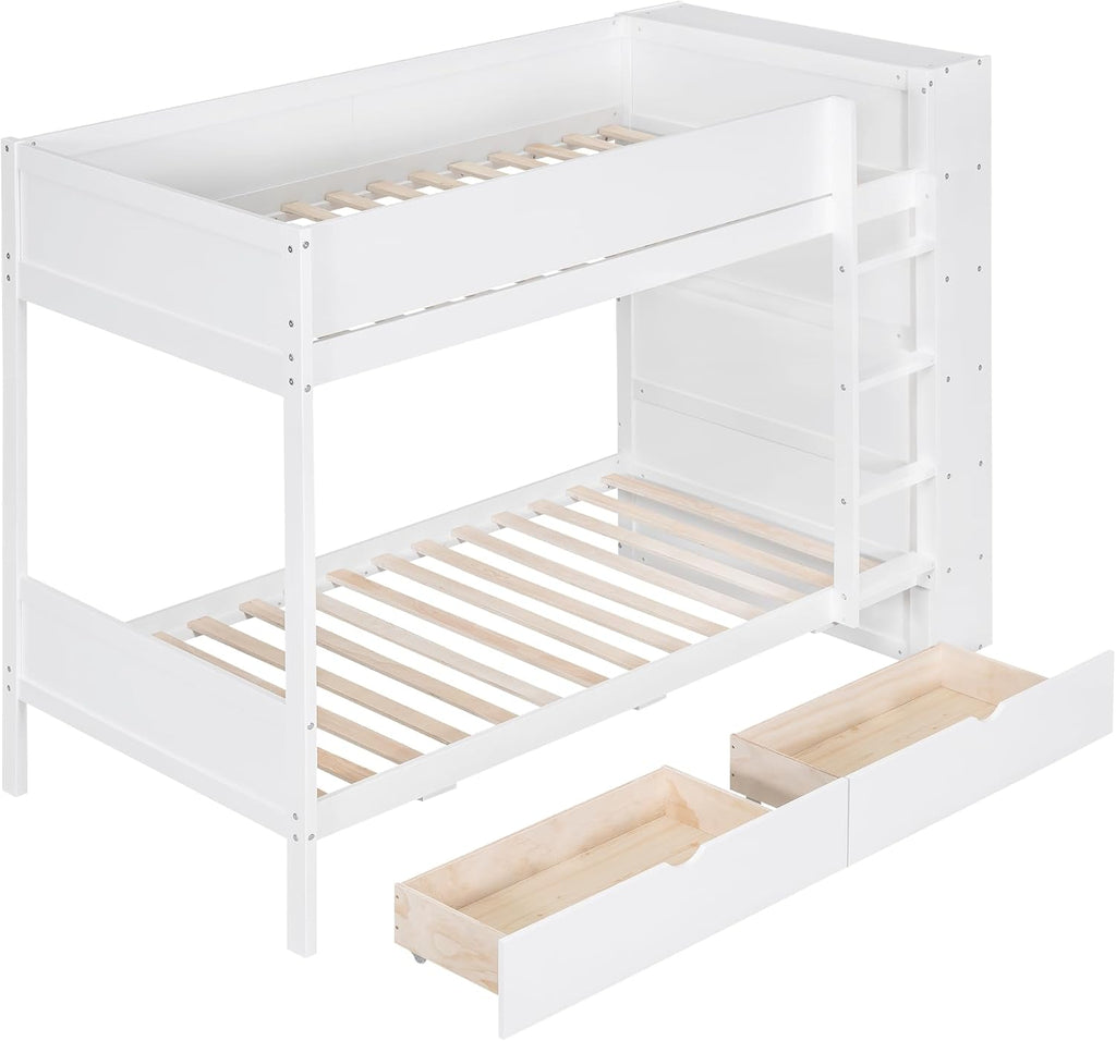 Twin Over Twin Bunk Bed with Bookcase, Wood Bunk Bed Frame with 2 Drawers and Multi-Layer Cabinet Storage Shelves, Bed with High Guardrails for Kids Teens(White, Twin)