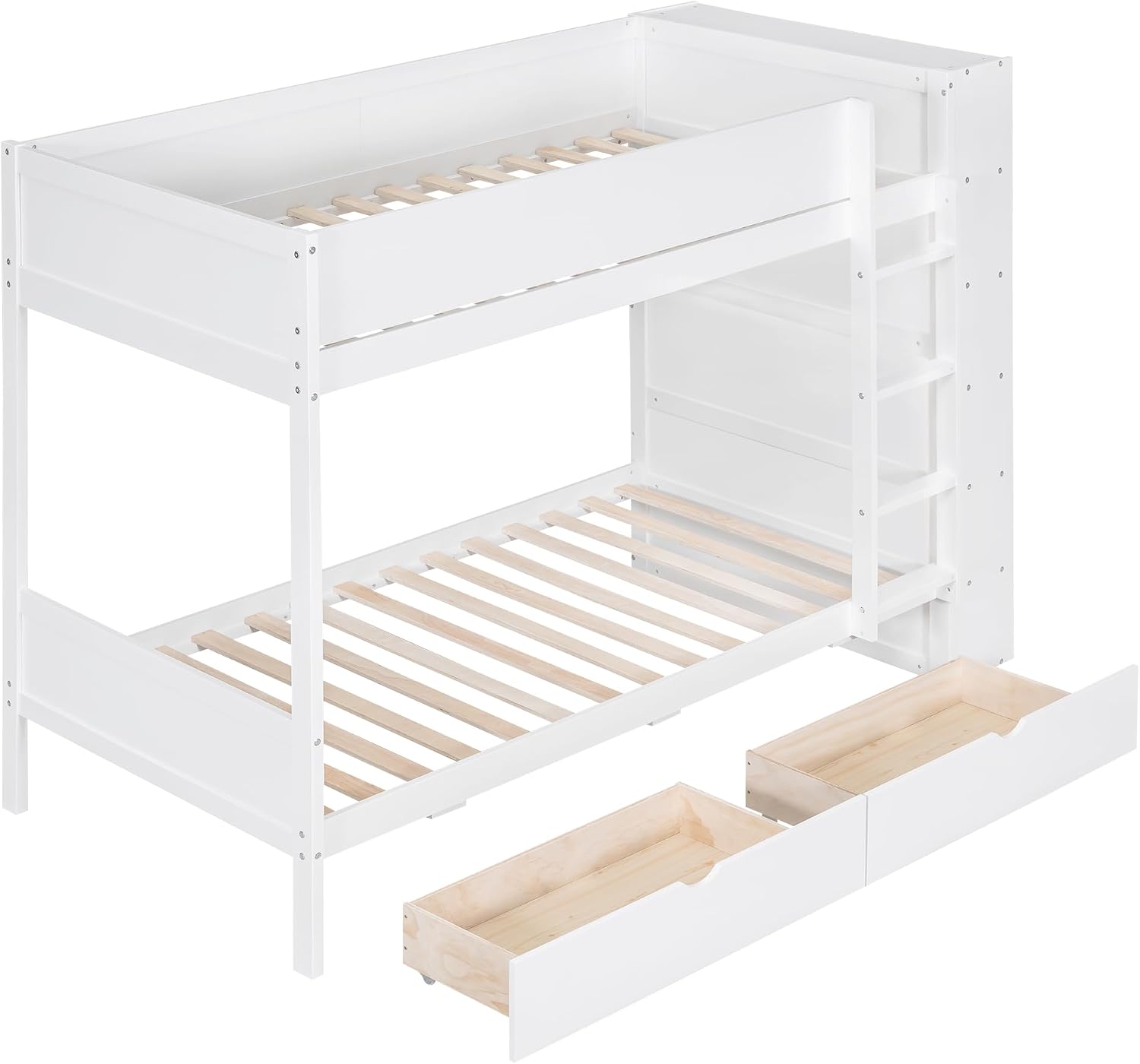 Twin Over Twin Bunk Bed with Bookcase, Wood Bunk Bed Frame with 2 Drawers and Multi-Layer Cabinet Storage Shelves, Bed with High Guardrails for Kids Teens(White, Twin)