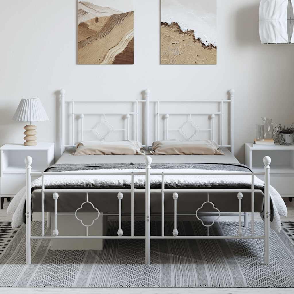 White Powder-Coated Steel Full Bed Frame with Headboard, 76x80 Inches, 4-Piece Set, Durable Metal Platform, Modern Bedroom Furniture