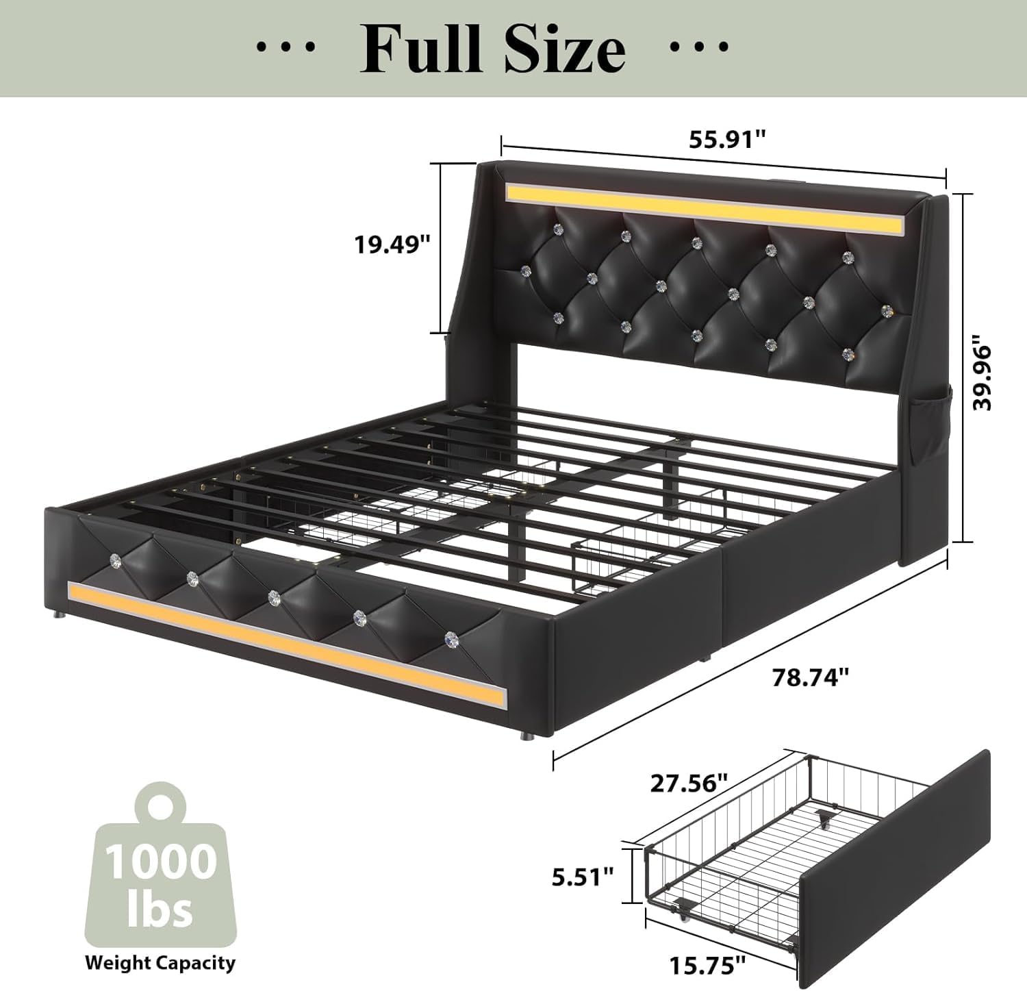 Full Bed Frame with Storage Drawers and LED Lights/Charging Station, Modern Diamond Upholstered Platform Bed with Wingback Headboard, Wooden Slats Support, No Box Spring Needed (Black, Full)