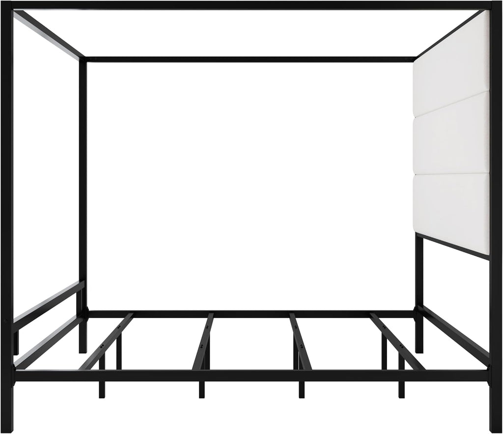 Modern Metal King Size Canopy Platform Bed with with Tall Linen Fabric Upholstered Headboard and 4 Poster Design, Box Spring Needed (Black+White, King)