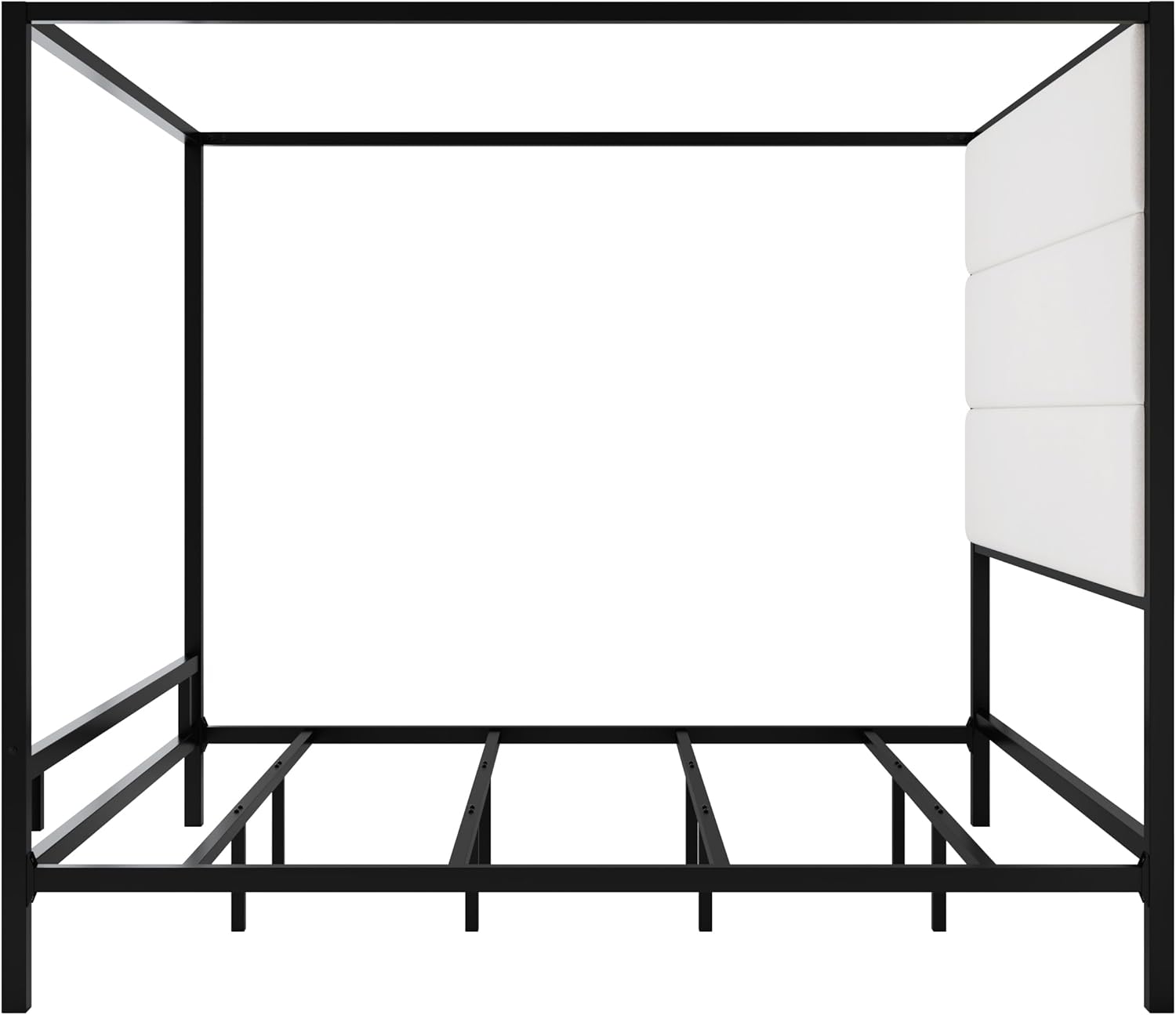 Modern Metal King Size Canopy Platform Bed with with Tall Linen Fabric Upholstered Headboard and 4 Poster Design, Box Spring Needed (Black+White, King)