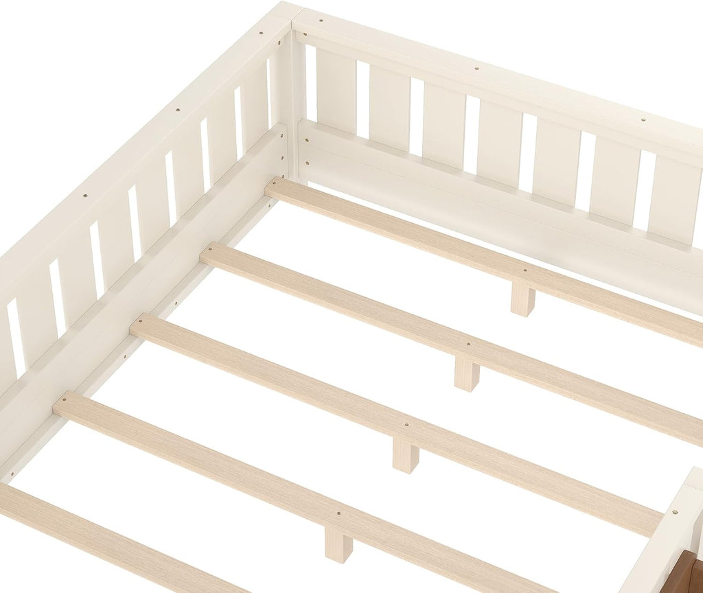 Bellemave Beige Montessori Floor Bed with Fence and Slats, Full Size Montessori Floor Bed with Bookcase and High Rails, Easy Assemble Bed Frame for Girls, Boys, Full
