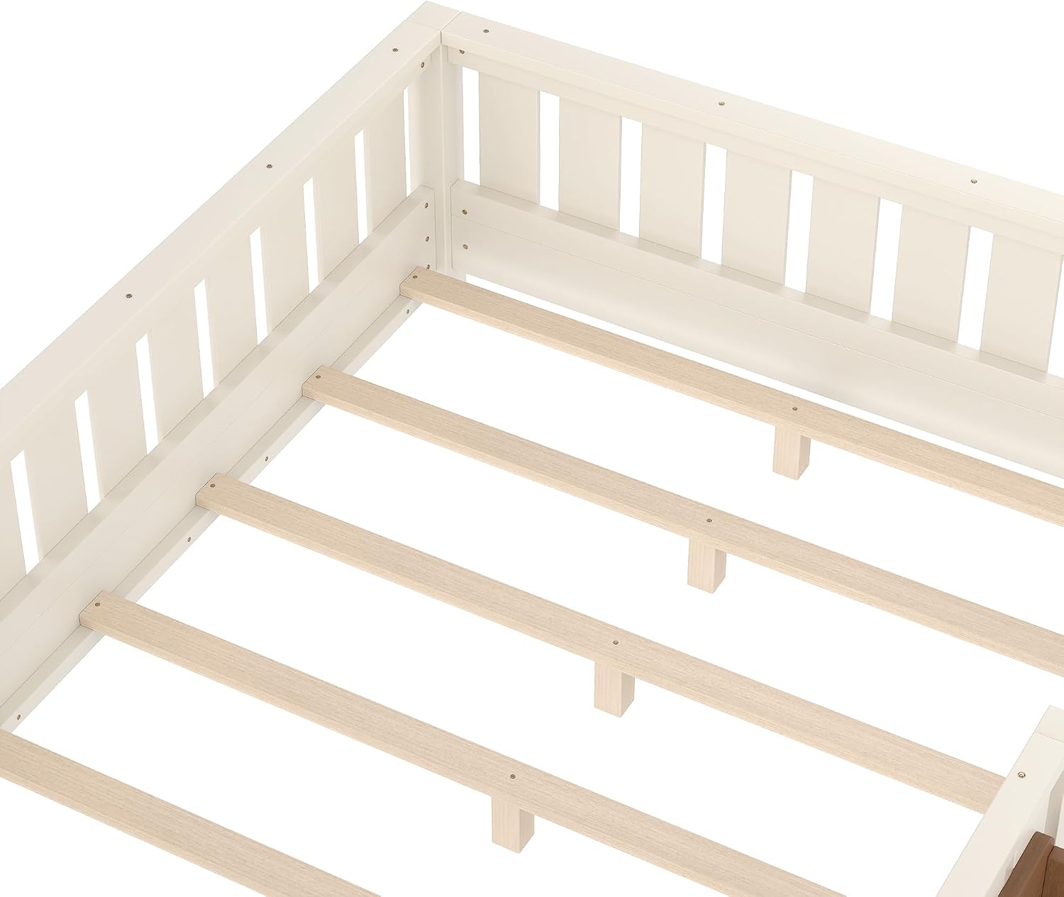 Bellemave Beige Montessori Floor Bed with Fence and Slats, Full Size Montessori Floor Bed with Bookcase and High Rails, Easy Assemble Bed Frame for Girls, Boys, Full