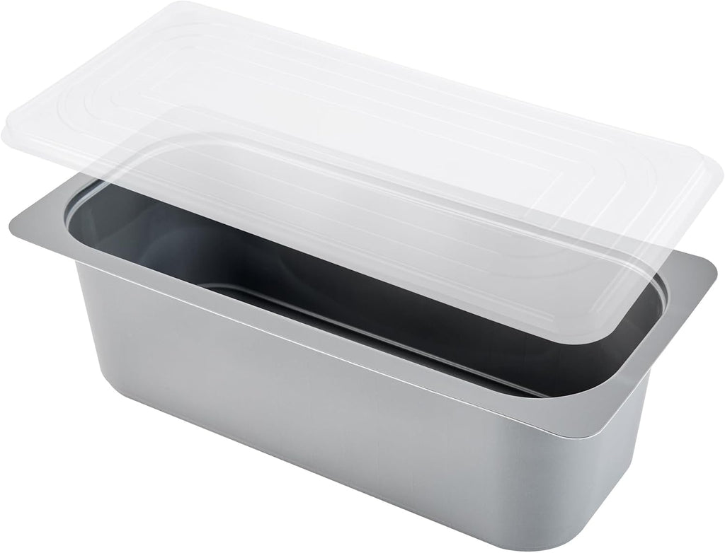 Restaurantware 5 Quart Ice Cream Tub, 100 Count, 5.28 Liter Capacity, Plastic Dessert Container, Rectangular Food Storage Box, Stackable Clear Lid, Gray