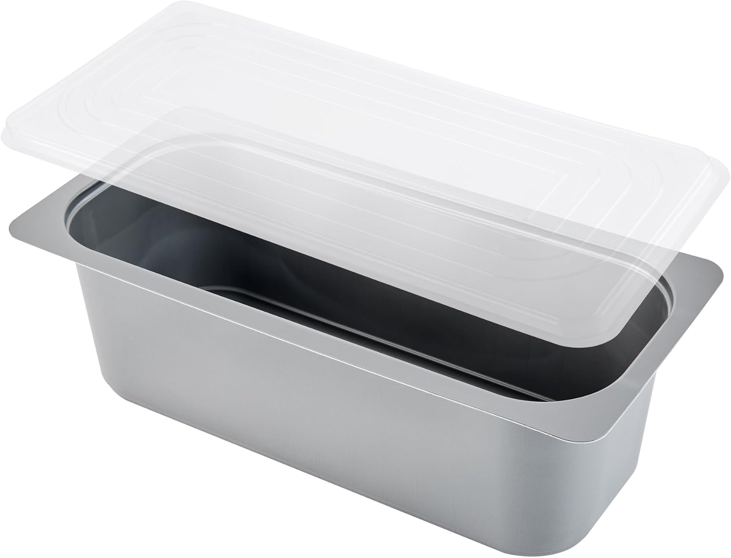 Restaurantware 5 Quart Ice Cream Tub, 100 Count, 5.28 Liter Capacity, Plastic Dessert Container, Rectangular Food Storage Box, Stackable Clear Lid, Gray