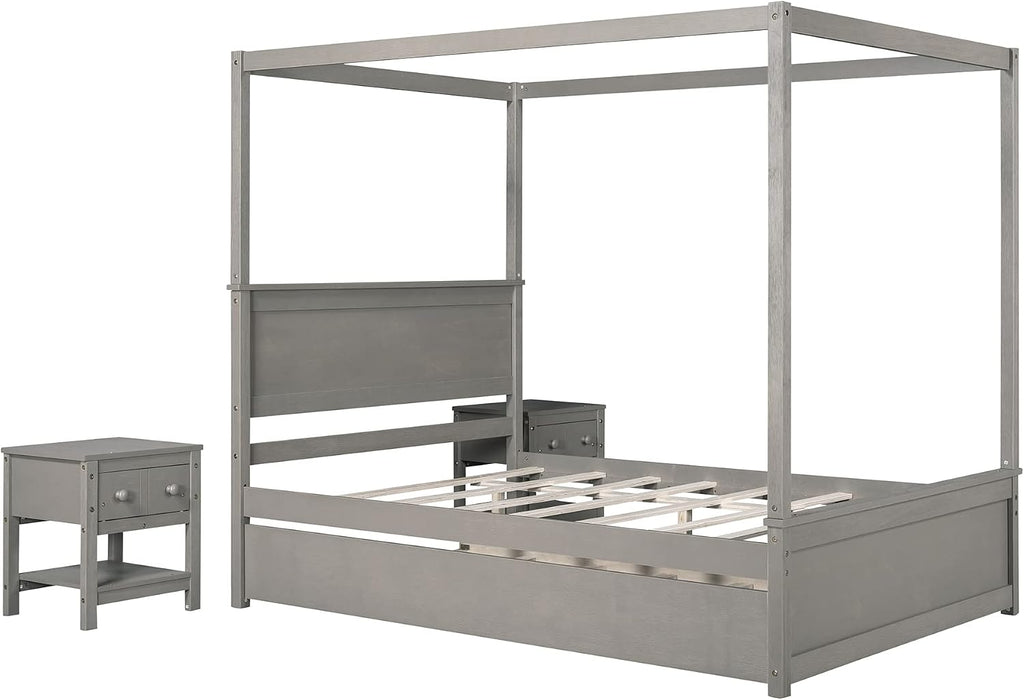 Full Size Wood Canopy Bed with Trundle Bed and Two Nightstand, Modern Bedroom Set for Kids Girls Boys Teens,Can Be Freely Decorated (Light Brown+Bedroom Set)