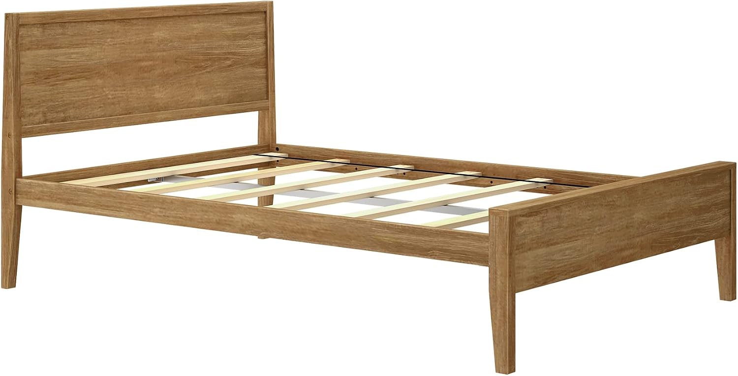 Max & Lily Full Bed, Solid Wood Full Bed Frame with Panel Headboard, Kids Full Bed with Wood Slat Support, No Box Spring Needed, Pecan
