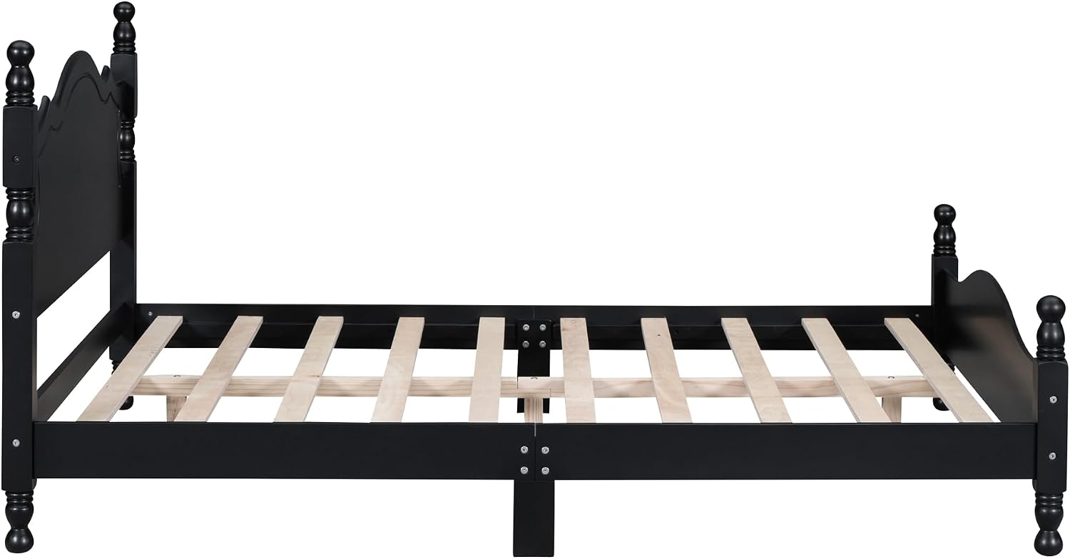 Merax Modern Solid Wood Platform Bed with Headboard,Mid Century Full Bed Frame/Wood Slat Support/Full Black