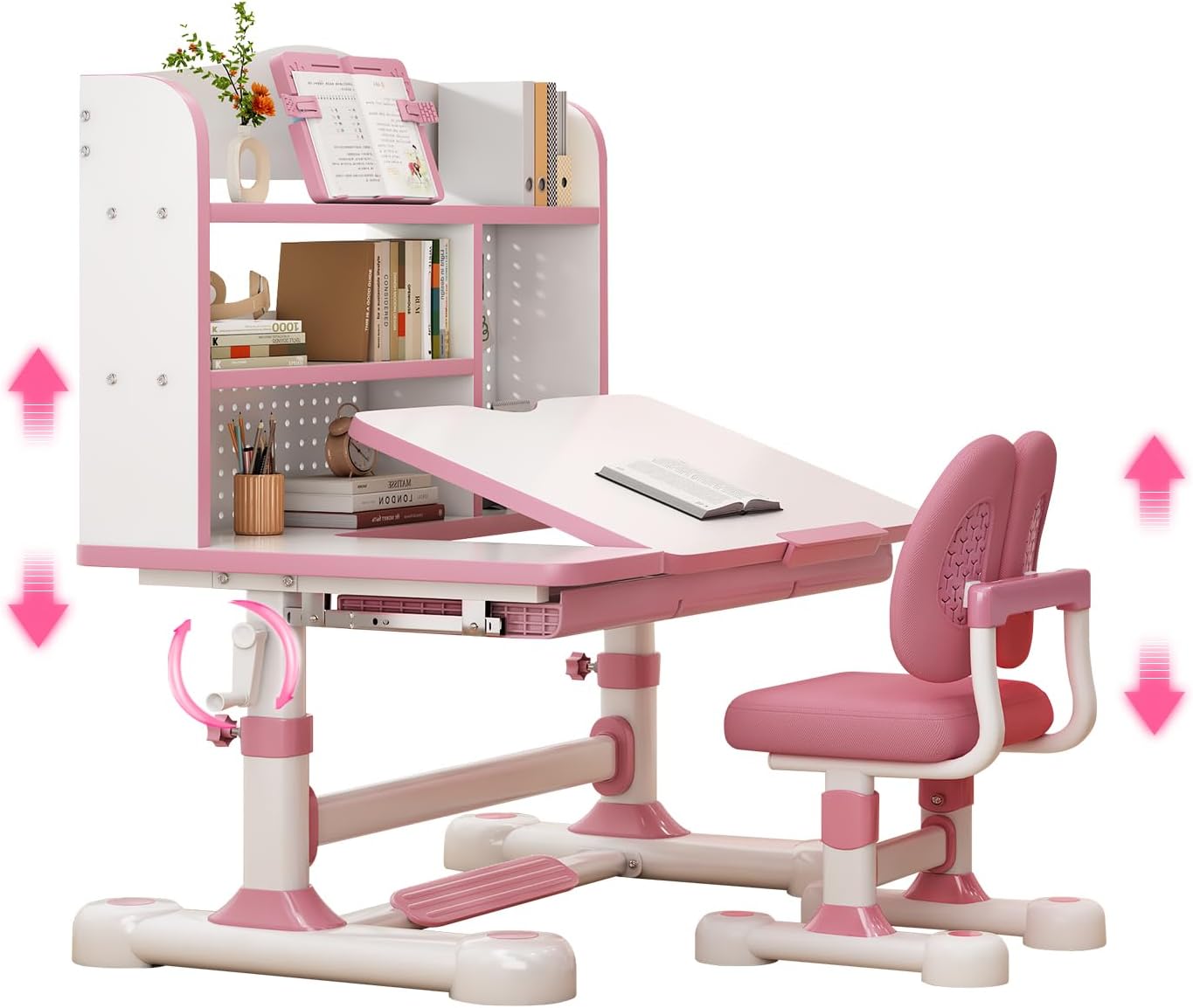 Kids Functional Desk and Chair Set – Ergonomic Height Adjustable Art Desk with One-Touch Tilting Desktop, Book Stand, Reading Rack & Storage Drawer for Children Boys & Girls (013-Pink)