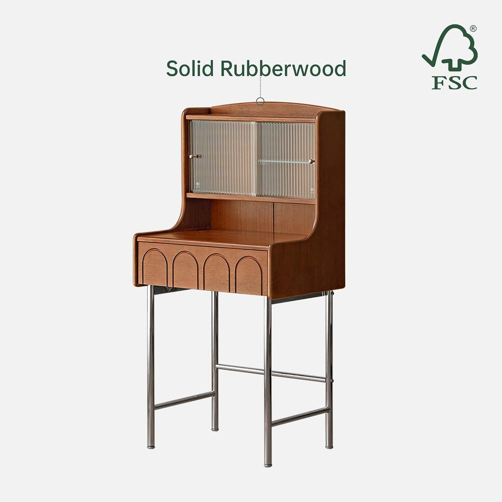 YESWOOD Vanity Desk with Extendable LED Mirror, Solid Rubber Wood Small Makeup Table for Girls, Vanity Set with Light for Bedroom, Bathroom, Teak Color, No Chair