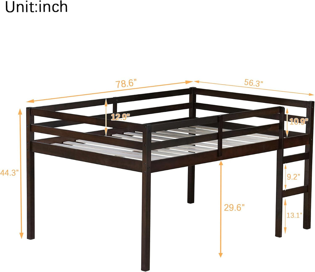 JIVOIT Full Size Bed Frame, Rubber Wood Loft Bed with Ladder, Low Height Design Loft Bed, Central Strengthened Support Slat, No Box Spring Needed