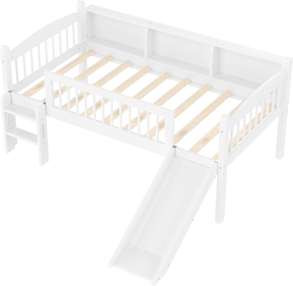 JIVOIT Twin XL Loft Bed with Storage Shelves, Solid Wood Lower Loft Bed with Full-Length Guardrails, Wood Slats Support, Space-Saving Design, No Box Spring Needed (White,Twin XL,51)