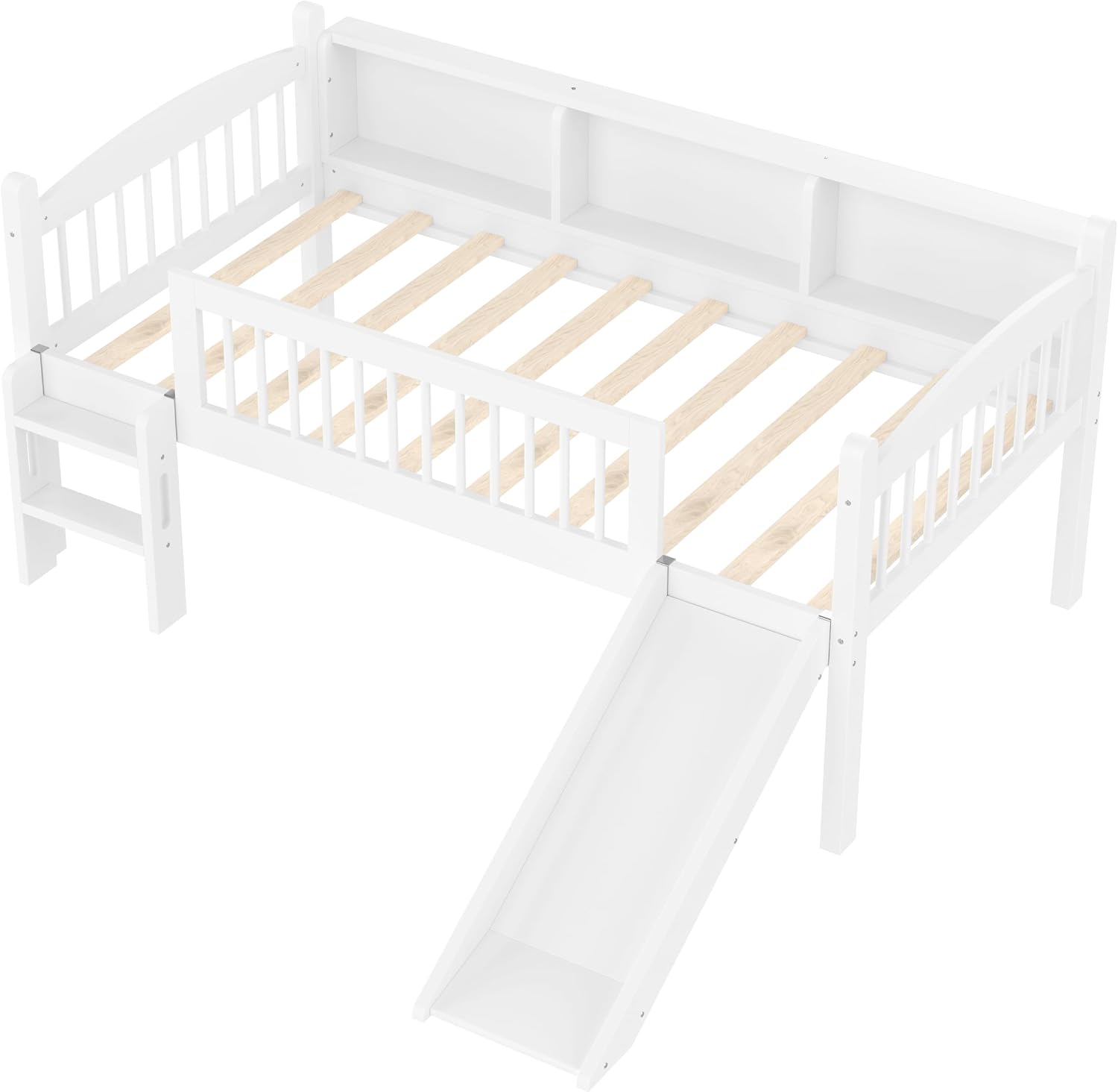 JIVOIT Twin XL Loft Bed with Storage Shelves, Solid Wood Lower Loft Bed with Full-Length Guardrails, Wood Slats Support, Space-Saving Design, No Box Spring Needed (White,Twin XL,51)