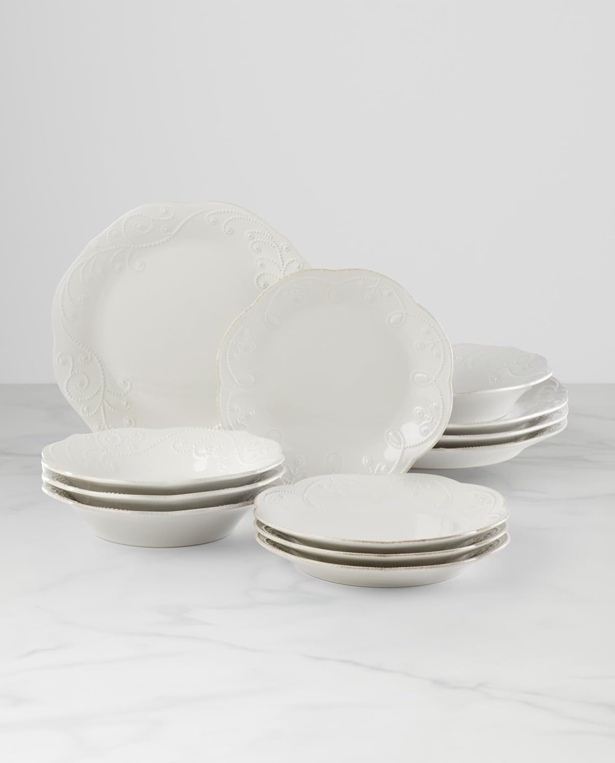 Lenox 890951 French Perle 12-Piece Plate & Bowl Dinnerware Set White