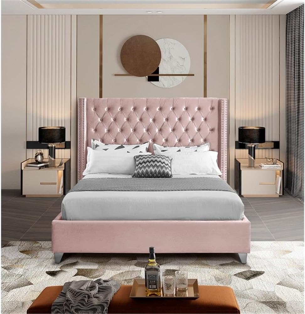 Meridian Furniture Aiden Collection Modern | Contemporary Velvet Upholstered Bed with Deep Button Tufting, Solid Wood Frame, and Custom Chrome Legs, King, Pink
