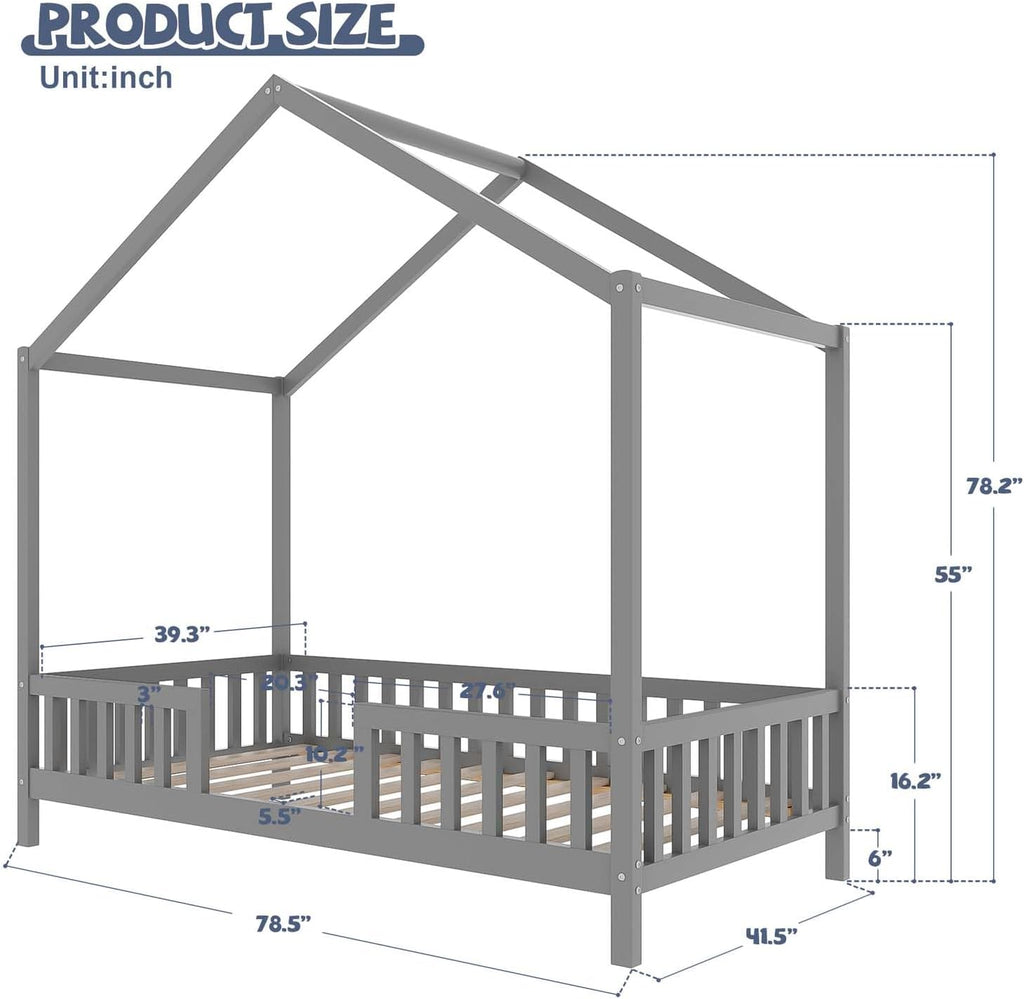 Cute Montessori Bed Frame Twin Size with Canopy, Low Profile House Shape Bed with Safety Railing & Wood Slat Support, Kids Playhouse Bedframes for Boys Girls (Grey, Twin)