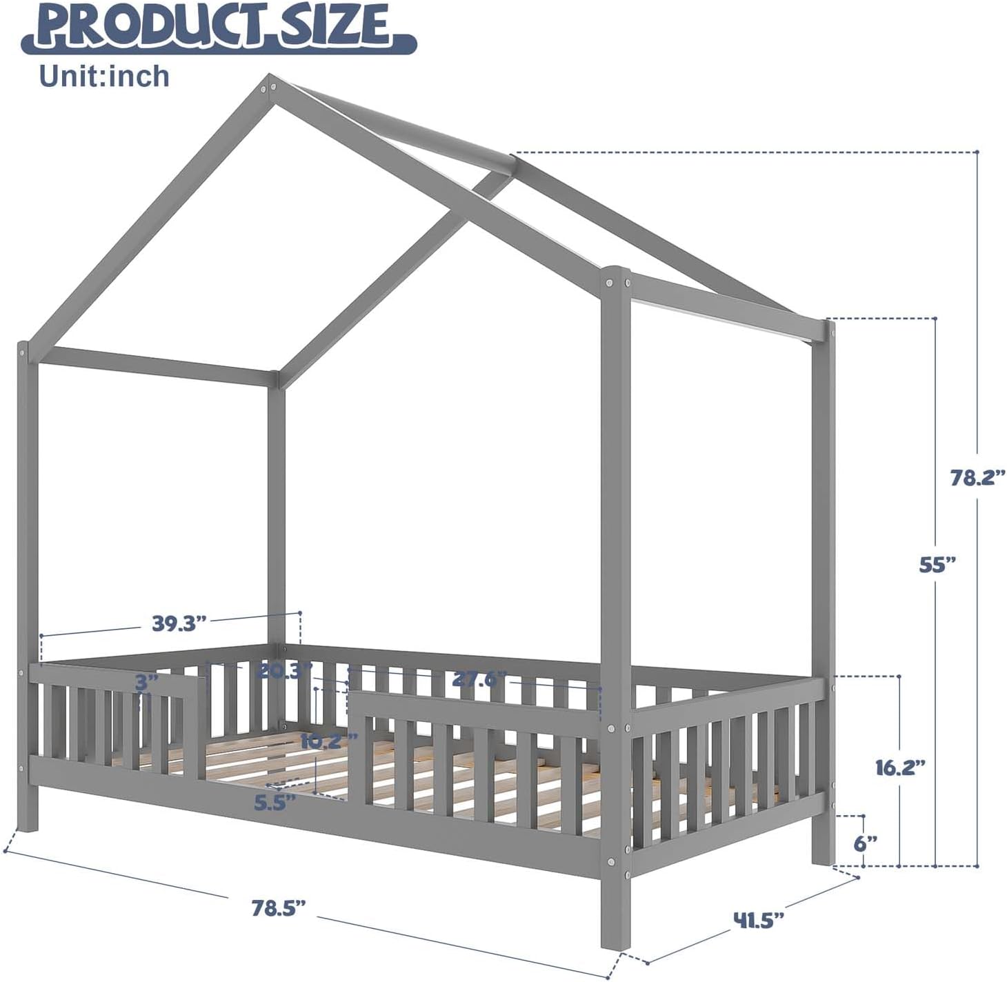 Cute Montessori Bed Frame Twin Size with Canopy, Low Profile House Shape Bed with Safety Railing & Wood Slat Support, Kids Playhouse Bedframes for Boys Girls (Grey, Twin)