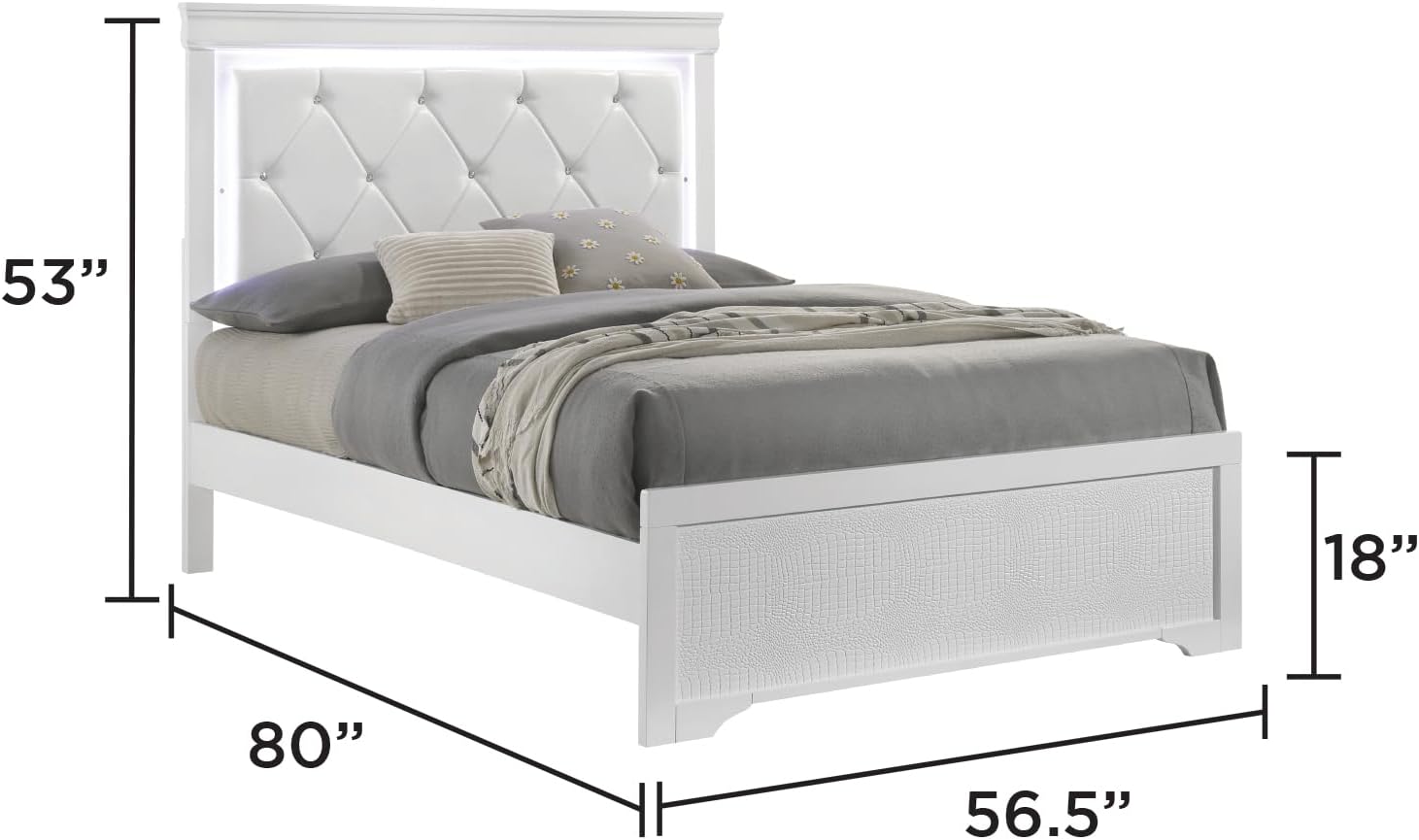 Upholstered Modern Style 4 Pc Full Bedroom Set with LED Headboard Made with Wood in White
